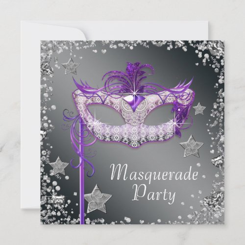 Silver Confetti Purple Masquerade Party Invitation