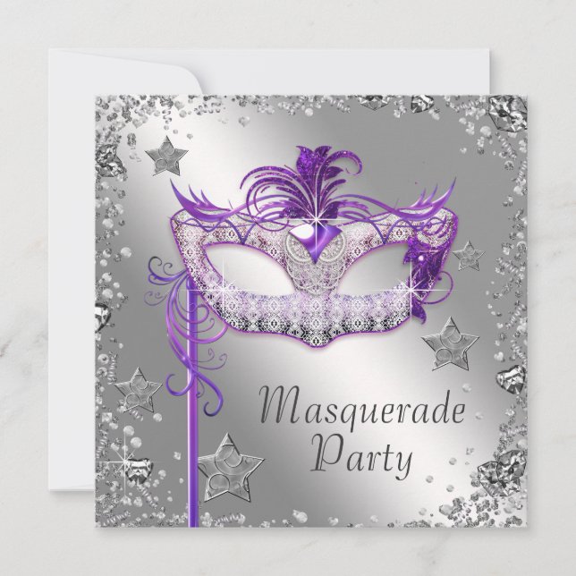 Silver Confetti Purple Masquerade Party Invitation (Front)