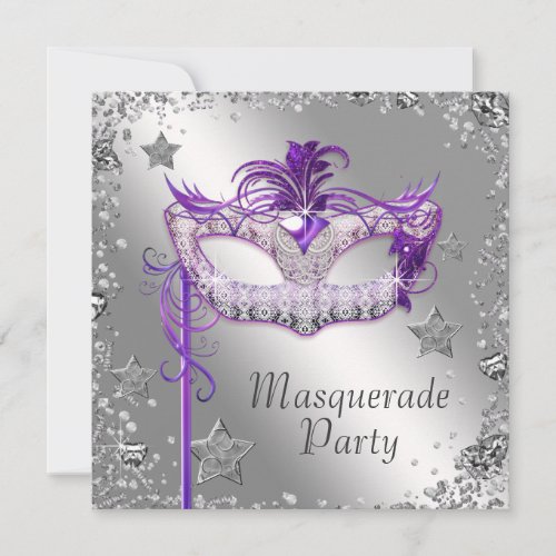 Silver Confetti Purple Masquerade Party Invitation