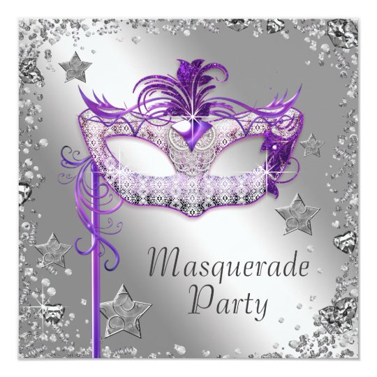 Silver Confetti Purple Masquerade Party Invitation | Zazzle.com