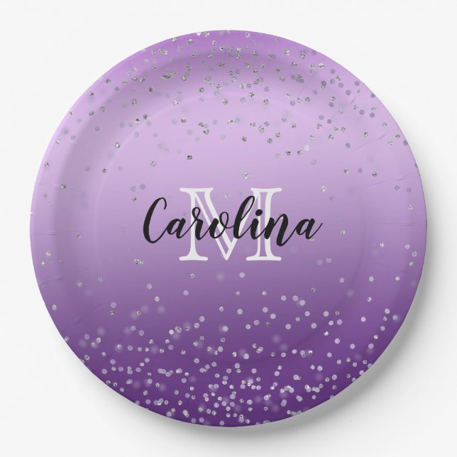 Silver Confetti Purple Ombre monogram Paper Plates (Front)
