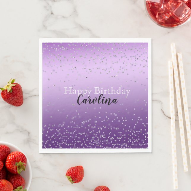 Silver Confetti Purple Ombre name Napkins (Insitu)