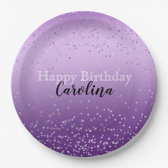 Silver Confetti Purple Ombre name Paper Plates (Front)
