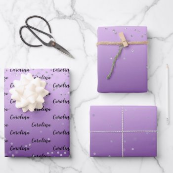Silver Confetti Purple Ombre Name Wrapping Paper Sheets by peacefuldreams at Zazzle