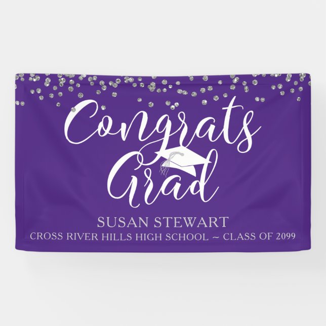 Silver Confetti Script CONGRATS GRAD Purple Banner (Horizontal)