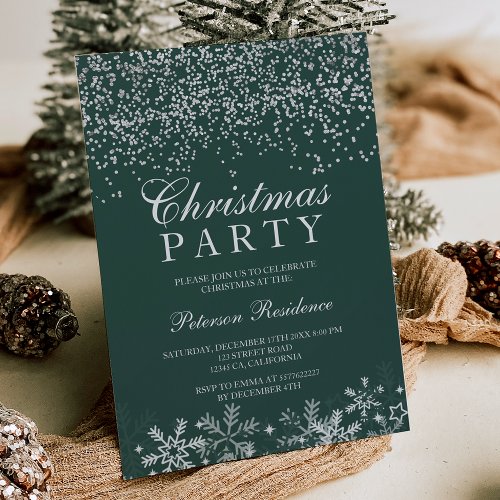 Silver confetti snowflakes dark green Christmas Invitation