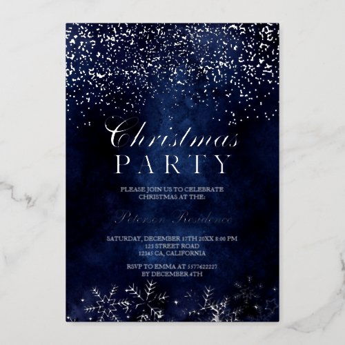 Silver confetti snowflakes navy blue Christmas Foil Holiday Card