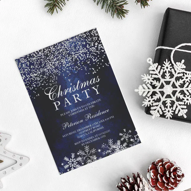 Silver confetti snowflakes navy blue Christmas Invitation | Zazzle