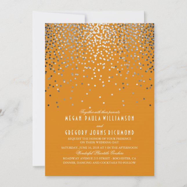 Silver Confetti - Starry Lights Orange Wedding Invitation (Front)