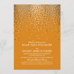 Silver Confetti - Starry Lights Orange Wedding Invitation