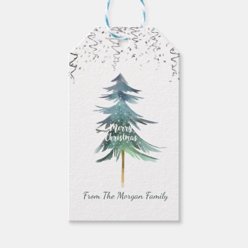 Silver ConfettiStars Christmas Pine Tree Gift Tags