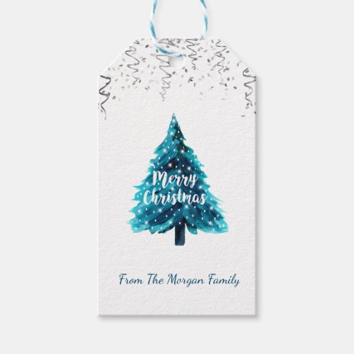 Silver  ConfettiStarsWatercolor Christmas Tree Gift Tags