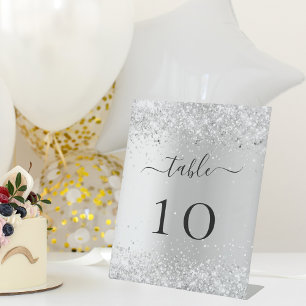 Silver confetti wedding table number pedestal sign