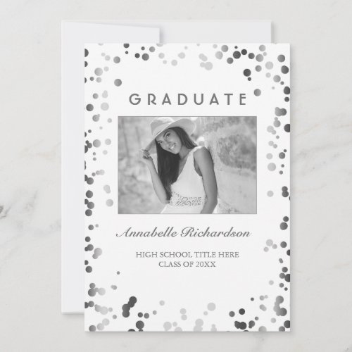 Silver Confetti White Elegant Photo Graduation Invitation - Silver and white - the confetti dots photo graduation party invitation and graduation announcement in one.