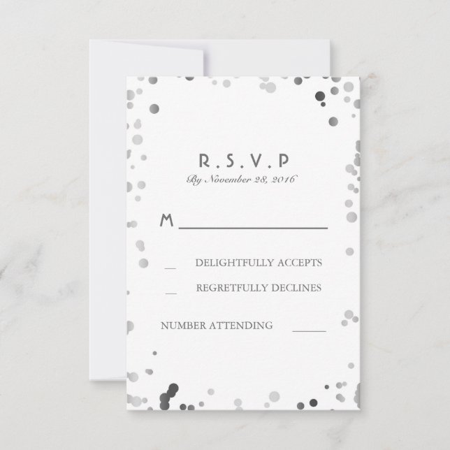 Silver Confetti White Elegant Wedding RSVP Cards (Front)