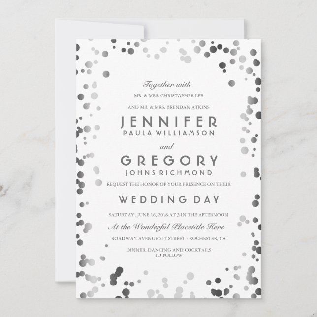 Silver Confetti White Modern and Elegant Wedding Invitation (Front)