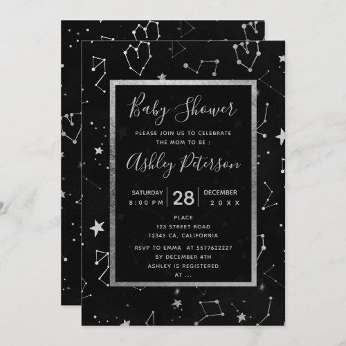Silver constellation stars zodiac baby shower invitation