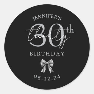 Silver Coquette Bow 30th Birthday Party Black Classic Round Sticker
