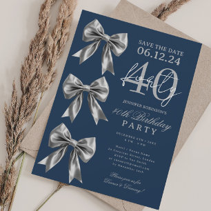 Silver Coquette Bow Save Date 40th Birthday Navy Invitation