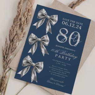 Silver Coquette Bow Save Date 80th Birthday Navy  Invitation
