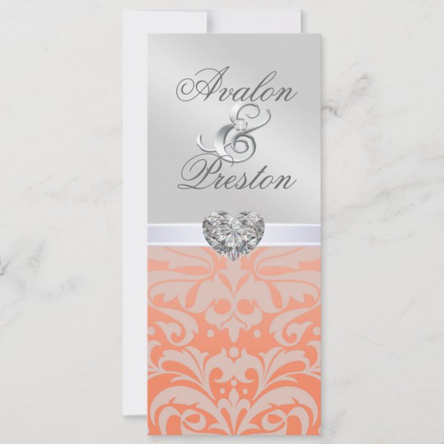 Silver Coral Diamond Damask Wedding Invitation (Front)
