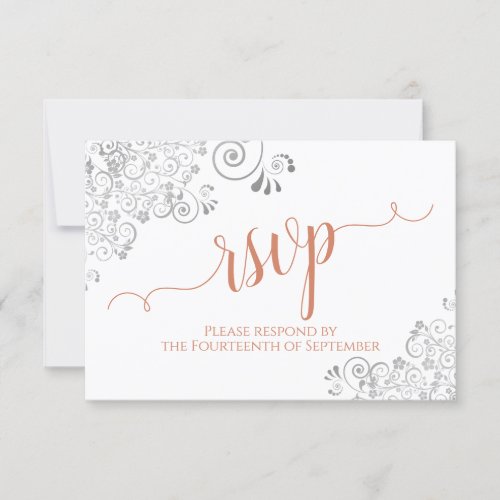 Silver  Coral on White Elegant Script Wedding RSVP Card