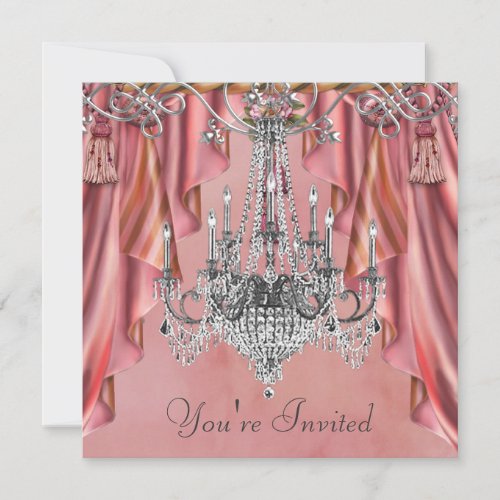 Silver Coral Pink Chandelier Party Invitation