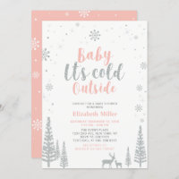 Silver & Coral Winter Wonderland Girl Baby Shower Invitation