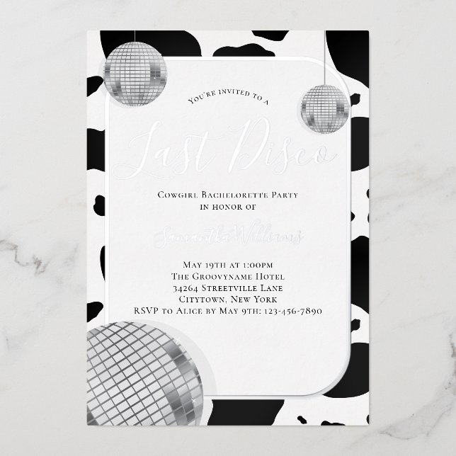 Silver Cowgirl Last Disco Bachelorette Party Foil Invitation (Front)