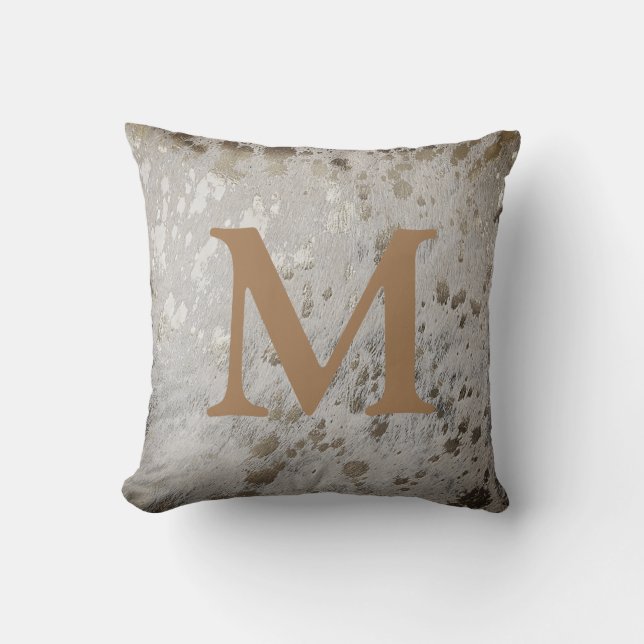 Silver Cowhide Print Metallic Own Initial Letter C Throw Pillow (Front)