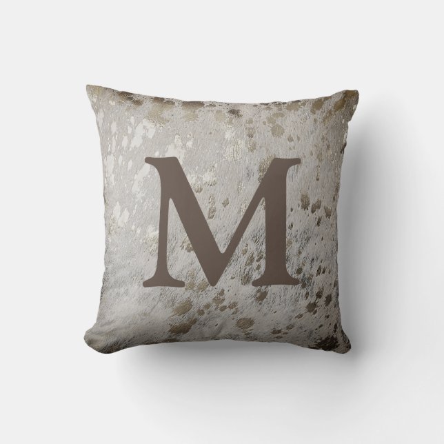 Silver Cowhide Print Metallic Own Initial Letter Throw Pillow (Front)