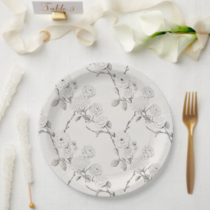 Silver Cream Black Fall Flowers Wedding Paper Plates