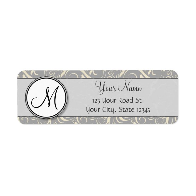 Silver Cream Floral Wisps & Stripes with Monogram Label (Front)