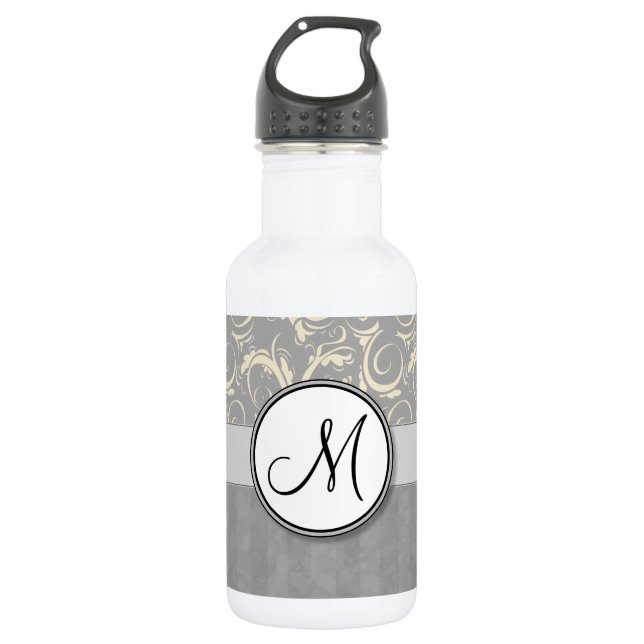 Silver Cream Floral Wisps & Stripes with Monogram Stainless Steel Water Bottle (Front)