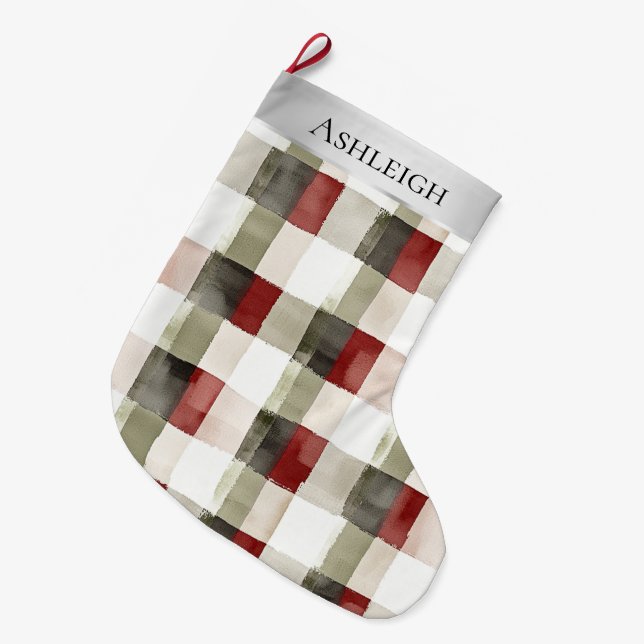 Silver Cream Green Red Plaid Stripes Christmas   Large Christmas Stocking (Front (Hanging))
