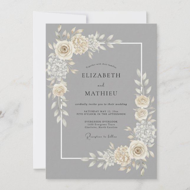 Silver Cream Petal Wedding Invitation (Front)