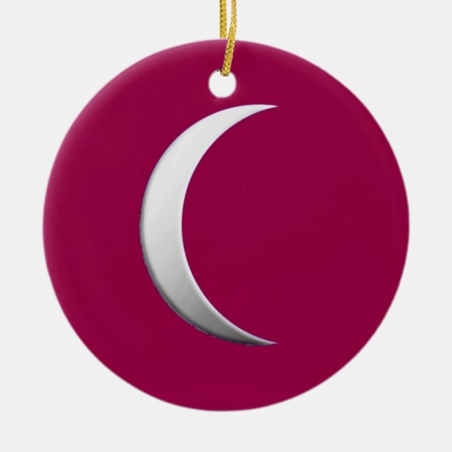 Silver crescent moon - burgundy background ceramic ornament (Front)