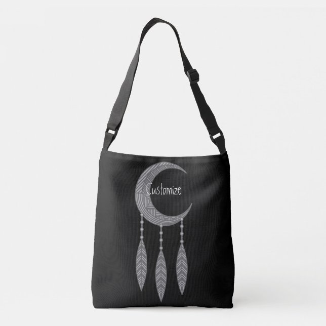 Silver Crescent Moon Feathers Thunder_Cove Crossbody Bag (Back)