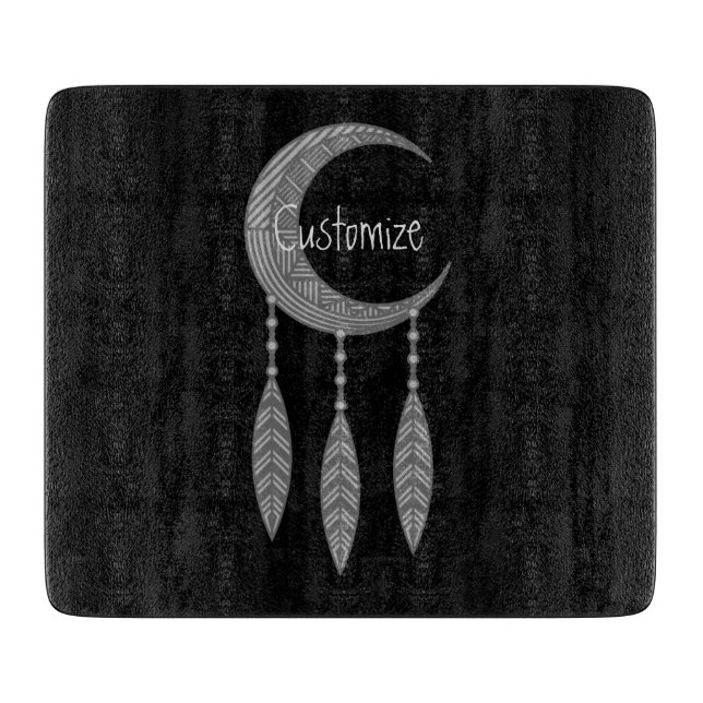 Silver Crescent Moon Feathers Thunder_Cove Cutting Board (Front)