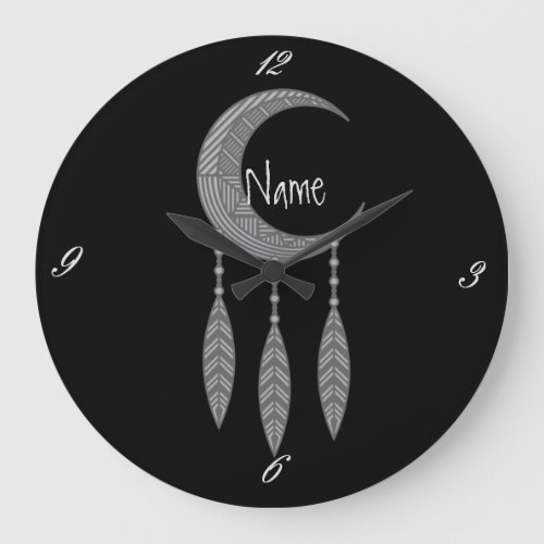 Silver Crescent Moon Feathers Thunder_Cove Large Clock