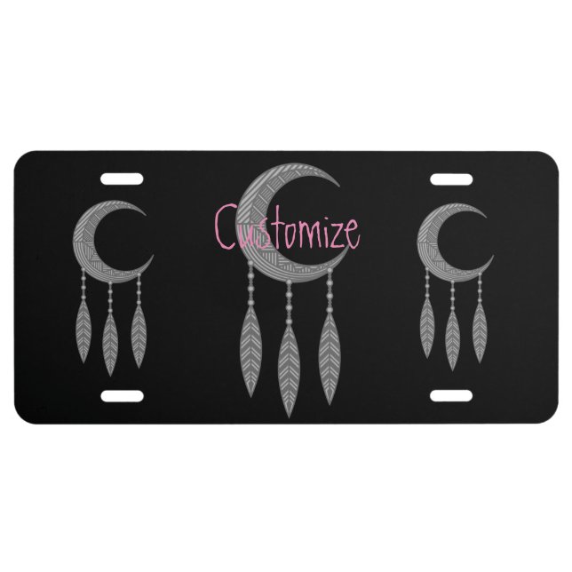 Silver Crescent Moon Feathers Thunder_Cove License Plate (Front)