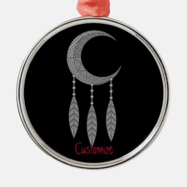 Silver Crescent Moon Feathers Thunder_Cove Metal Ornament (Front)