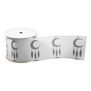 Silver Crescent Moon Feathers Thunder_Cove Satin Ribbon