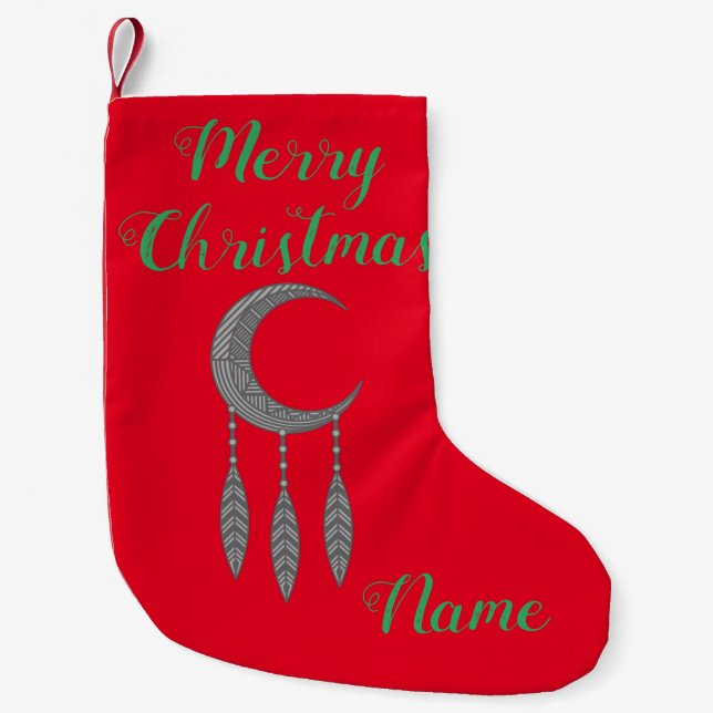 Silver Crescent Moon Feathers Thunder_Cove  Small Christmas Stocking (Front)