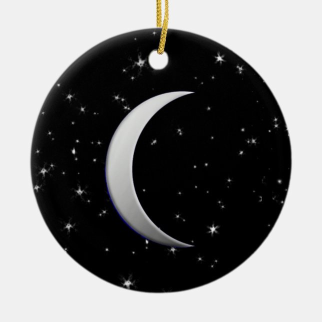 Silver crescent moon - starry background ceramic ornament (Front)