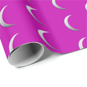 Silver crescent moons - magenta background wrapping paper