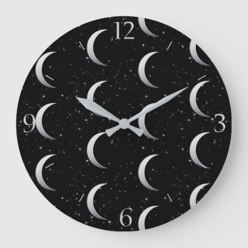 Silver crescent moons _ starry background large clock