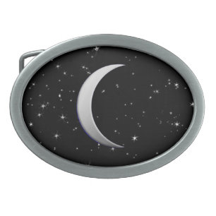 Silver crescent moons - starry background oval belt buckle