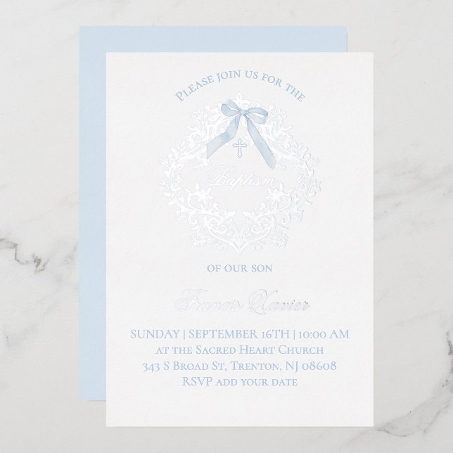 silver crest baby boy Baptism Foil Invitation (Front/Back)