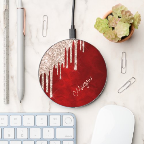 Silver Crimson Glitter Drips on Maroon Red Wireless Charger